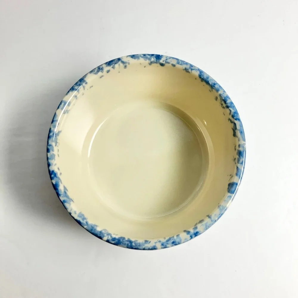 Workshops of Gerald Henn, Roseville Blue Spongeware Butter Dish with Wooden Lid